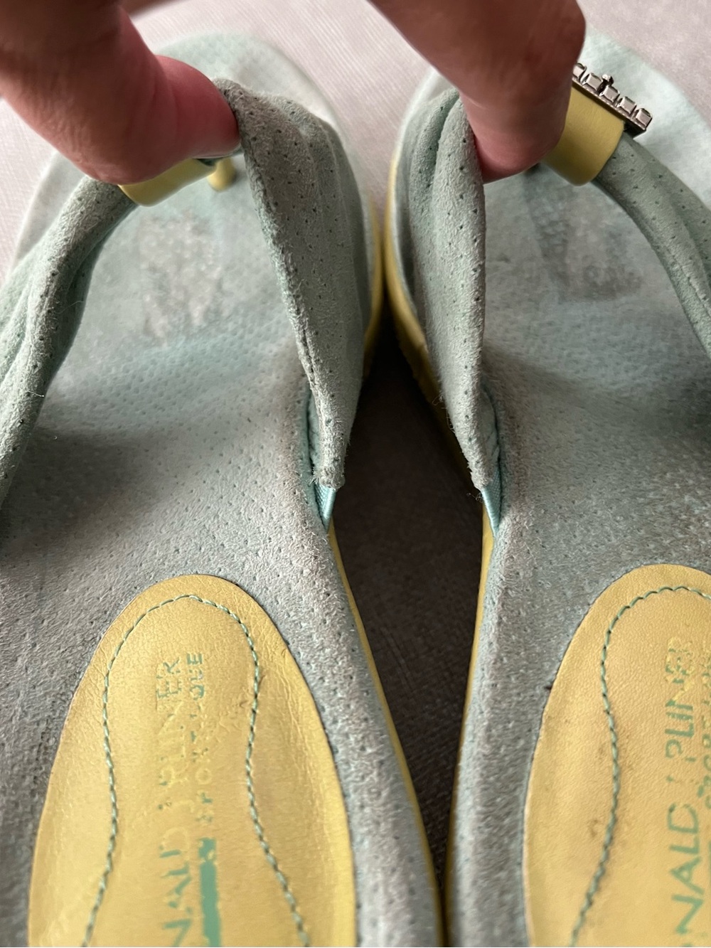 Donald J. Pliner Misty Green & Yellow Thong Wedge Sandals with Decorative Buckle - Picture 7 of 14